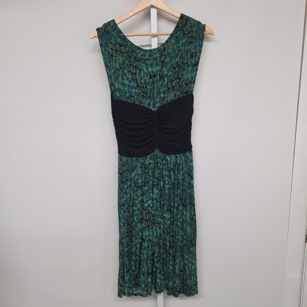 Plenty by Tracy Reese Green Abstract Print Ruched Waist Sleeveless Midi Dress M